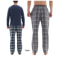 SaneShoppe-3-Piece Men's Pyjama Long-Sleeve Polyester Top and Check Cotton Pants.