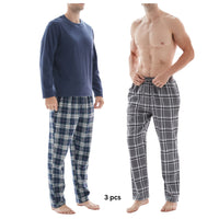 SaneShoppe-3-Piece Men's Pyjama Long-Sleeve Polyester Top and Check Cotton Pants.