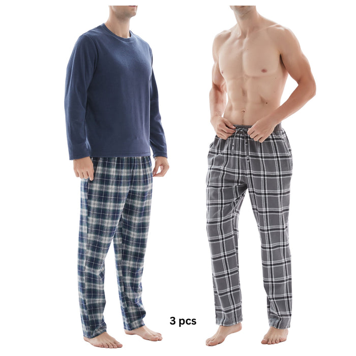 SaneShoppe-3-Piece Men's Pyjama Long-Sleeve Polyester Top and Check Cotton Pants.