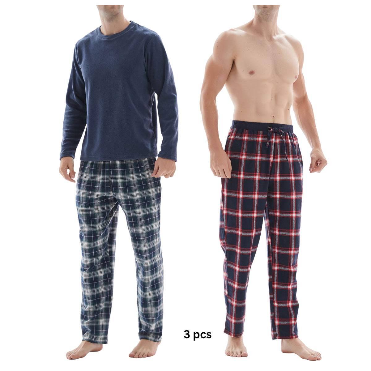 SaneShoppe-3-Piece Men's Pyjama Long-Sleeve Polyester Top and Check Cotton Pants.