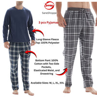 SaneShoppe-3-Piece Men's Pyjama Long-Sleeve Polyester Top and Check Cotton Pants.