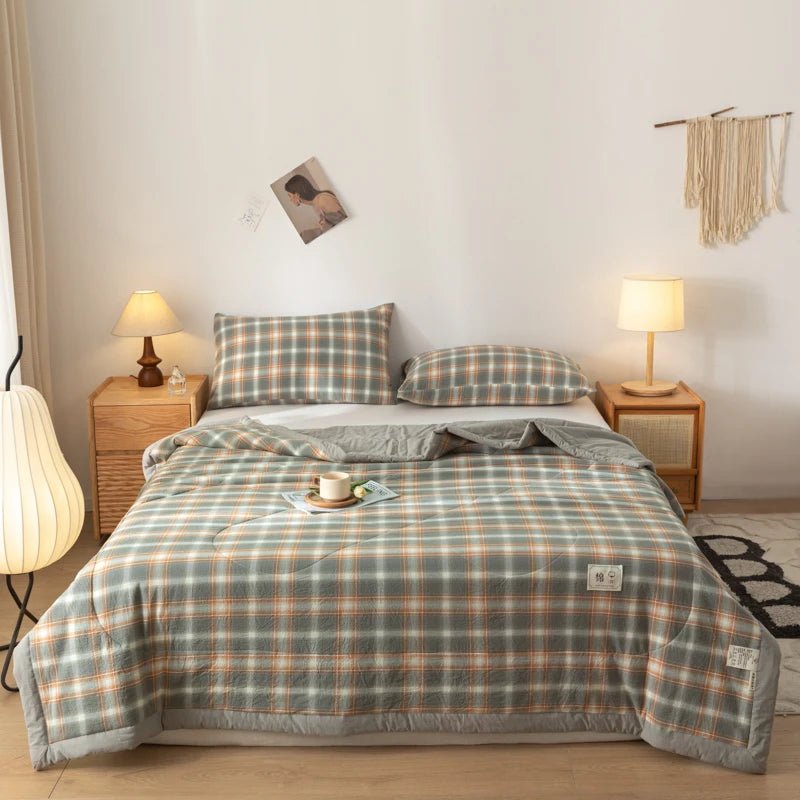 SaneShoppe-Quilted Cotton Summer Duvet - Soft Plaid Comforter for Single, Twin, Queen Size
