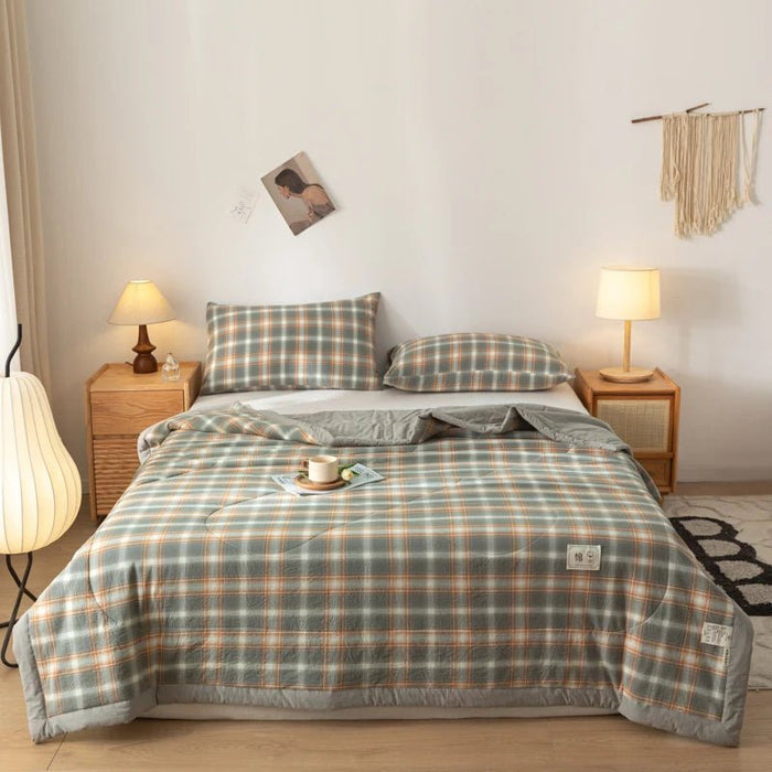 SaneShoppe-Quilted Cotton Summer Duvet - Soft Plaid Comforter for Single, Twin, Queen Size