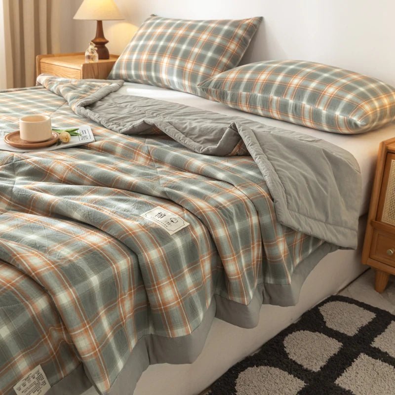 SaneShoppe-Quilted Cotton Summer Duvet - Soft Plaid Comforter for Single, Twin, Queen Size