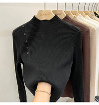 SaneShoppe-2025 Autumn Winter Women's Turtleneck Pullover - Solid Color Slim Fit Button Sweater