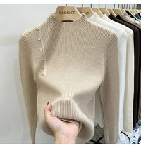 SaneShoppe-2025 Autumn Winter Women's Turtleneck Pullover - Solid Color Slim Fit Button Sweater