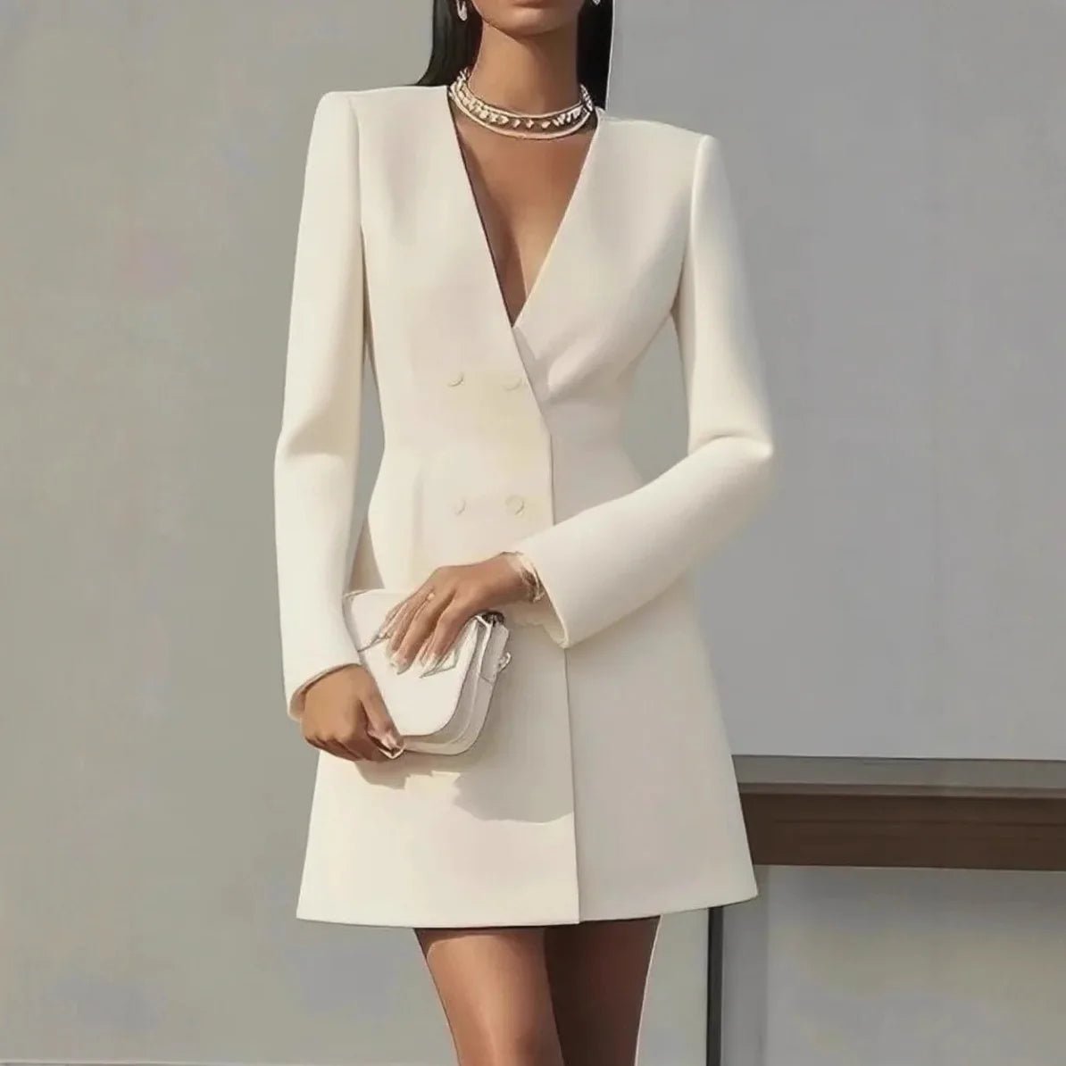 SaneShoppe - Autumn Double Breasted Solid Color V - Neck Office Suit French Long Sleeved Elegant Slim Fit Blazer Dress for Woman