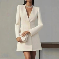 SaneShoppe - Autumn Double Breasted Solid Color V - Neck Office Suit French Long Sleeved Elegant Slim Fit Blazer Dress for Woman