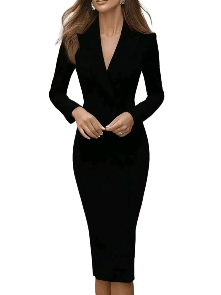 SaneShoppe - Autumn New Women's Fashion Commuter Work Clothes Long - sleeved Pencil Dress Office Lady Suit Collar Button Solid Midi Dresses