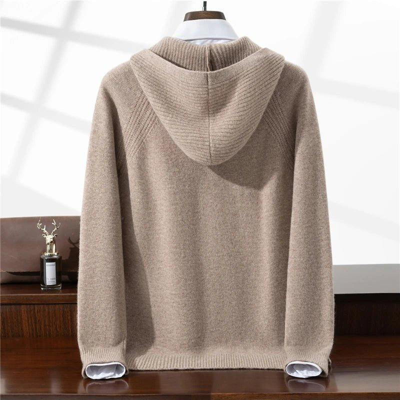 SaneShoppe - Autumn Winter New 100% Pure Wool Cardigan Men Hooded Thickened Pocket Sweater Loose Knitted Hoodie Cashmere Coat