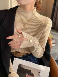 SaneShoppe - Autumn Winter Sweater Women Pullovers Long Sleeve Tops Clothes Slim Knit Soft Jumper Streetwear Button Turtleneck Sweater