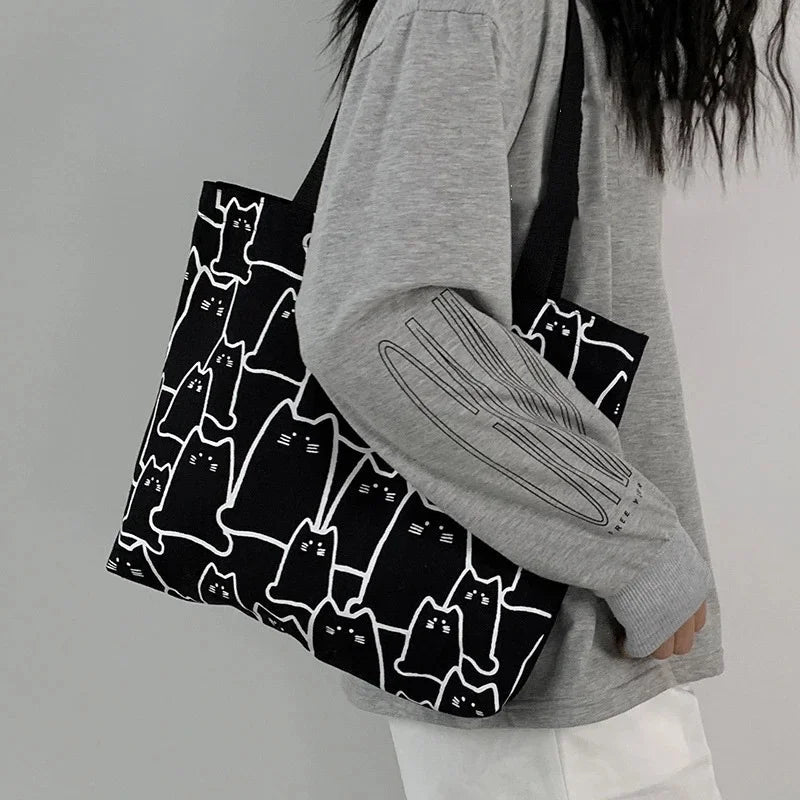 SaneShoppe - Canvas Bags Handbag for Women Shopper Cute Cat Tote Bag with Zipper Designer Bag Japanese Style Cartoon Small Shoulder