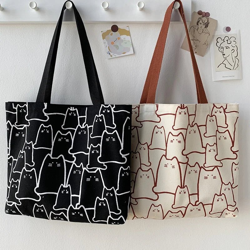 SaneShoppe - Canvas Bags Handbag for Women Shopper Cute Cat Tote Bag with Zipper Designer Bag Japanese Style Cartoon Small Shoulder