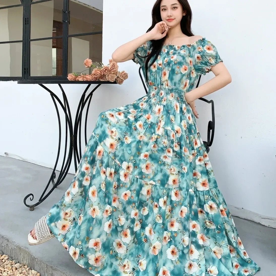 SaneShoppe-2025 Women's High Waist Printed Bohemian Floral Cotton Dress