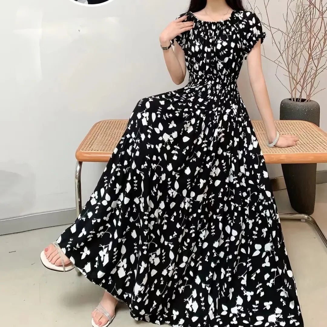 SaneShoppe-2025 Women's High Waist Printed Bohemian Floral Cotton Dress