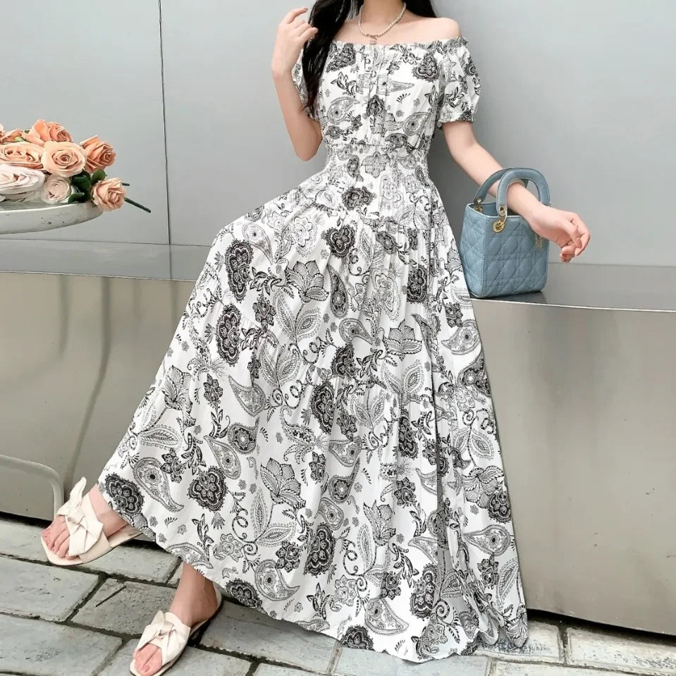 SaneShoppe-2025 Women's High Waist Printed Bohemian Floral Cotton Dress