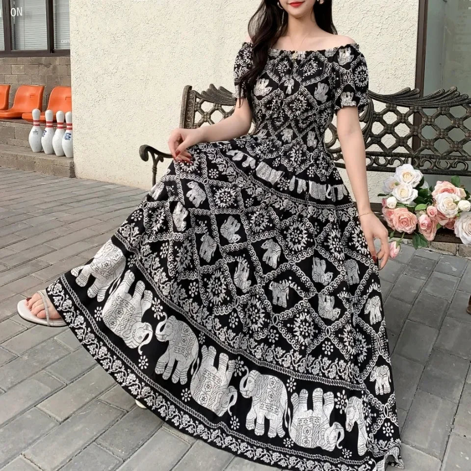 SaneShoppe-2025 Women's High Waist Printed Bohemian Floral Cotton Dress