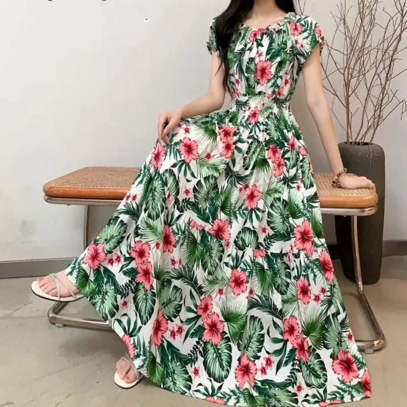 SaneShoppe-2025 Women's High Waist Printed Bohemian Floral Cotton Dress