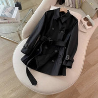 SaneShoppe-Classic Black Belted Mid-Length Coat with British Style Organic Cotton Blend