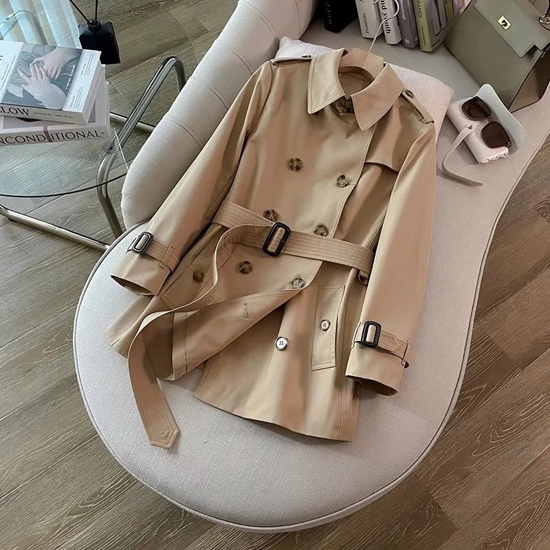 SaneShoppe-Khaki Double-Breasted Women's Overcoat, British Style, Organic Cotton, Regular Fit