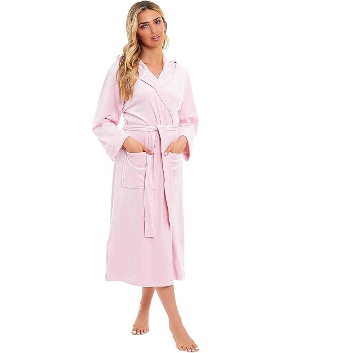 SaneShoppe - Elegant Women's Hooded Velour Robe Ultra - Soft Luxurious Bathrobe Perfect for Lounging Spa and Gym in Pink and Grey Adjustable Fit Multiple Sizes by Daisy Dreamer