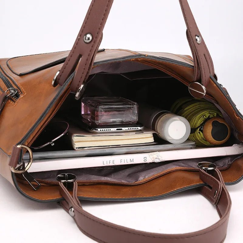 SaneShoppe - Europe America Retro Leather Handbag Shoulder Bag, Two Pocket Zipper Tote Bag, Classic Crossbody Bags for Women Work Business