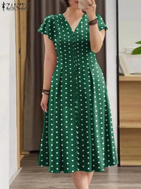 SaneShoppe - Fashion Summer Polka Dots Sundress ZANZEA Women V Neck Short Sleeve Dress Elegant Button Midi Robe Casual Holiday Party Vestidos