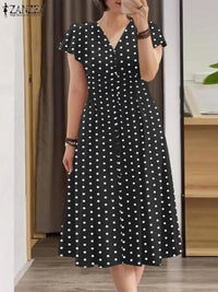 SaneShoppe - Fashion Summer Polka Dots Sundress ZANZEA Women V Neck Short Sleeve Dress Elegant Button Midi Robe Casual Holiday Party Vestidos