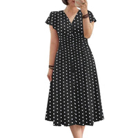 SaneShoppe - Fashion Summer Polka Dots Sundress ZANZEA Women V Neck Short Sleeve Dress Elegant Button Midi Robe Casual Holiday Party Vestidos