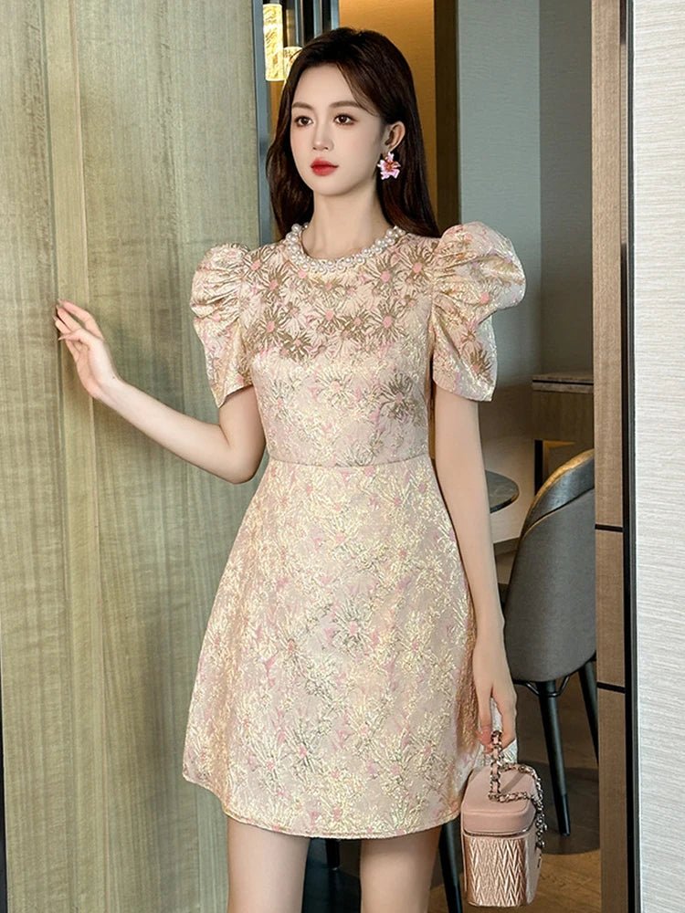 SaneShoppe - Fashion Sweet Short Dress Women Clothes Elegant Luxury Pearl O - Neck Slim Mini Gown Female Party Birthday Banquet Vestidos Fiesta