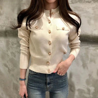 SaneShoppe-Autumn Korea Women's Cardigan Knitted Coat - Chic Single Breasted Slim Fit Top