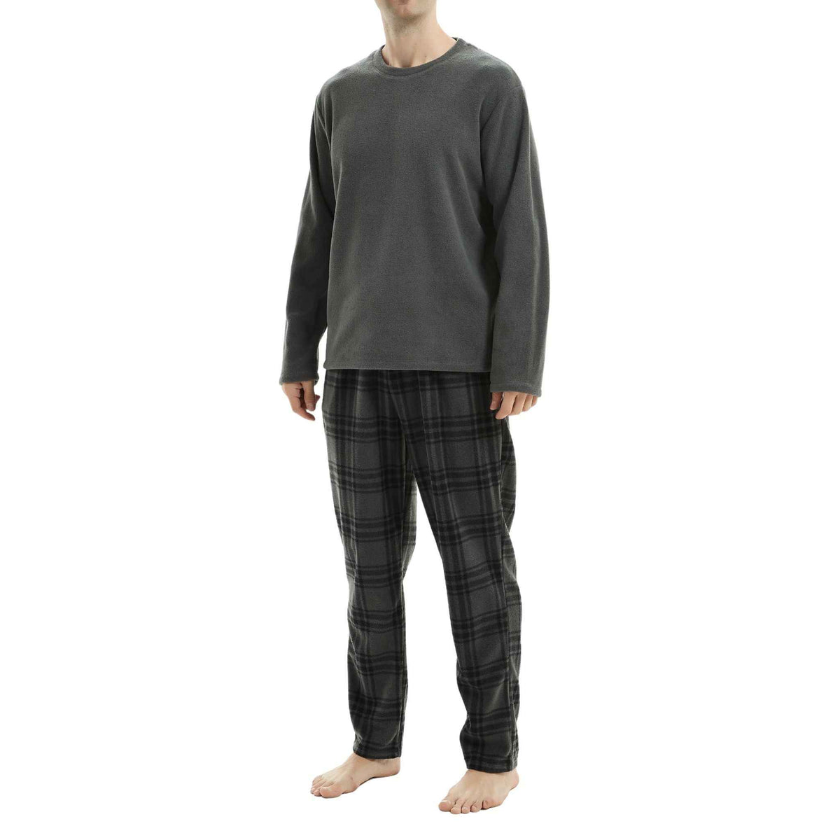 Fluffy Men's Fleece Pajama Set, Thermal Pyjamas in Grey Check.