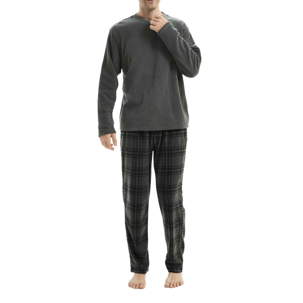 Fluffy Men's Fleece Pajama Set, Thermal Pyjamas in Grey Check.