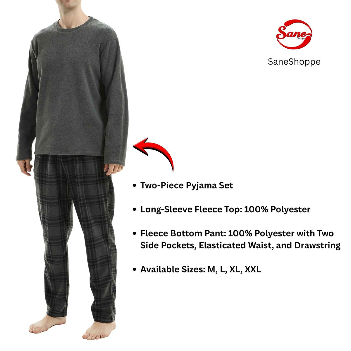 Fluffy Men's Fleece Pajama Set, Thermal Pyjamas in Grey Check.