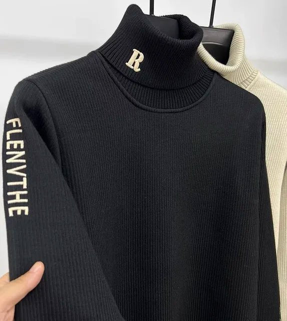 SaneShoppe - High end brand trend letter embroidery knitted sweater men's autumn winter new plush thickened casual warm high collar pullover
