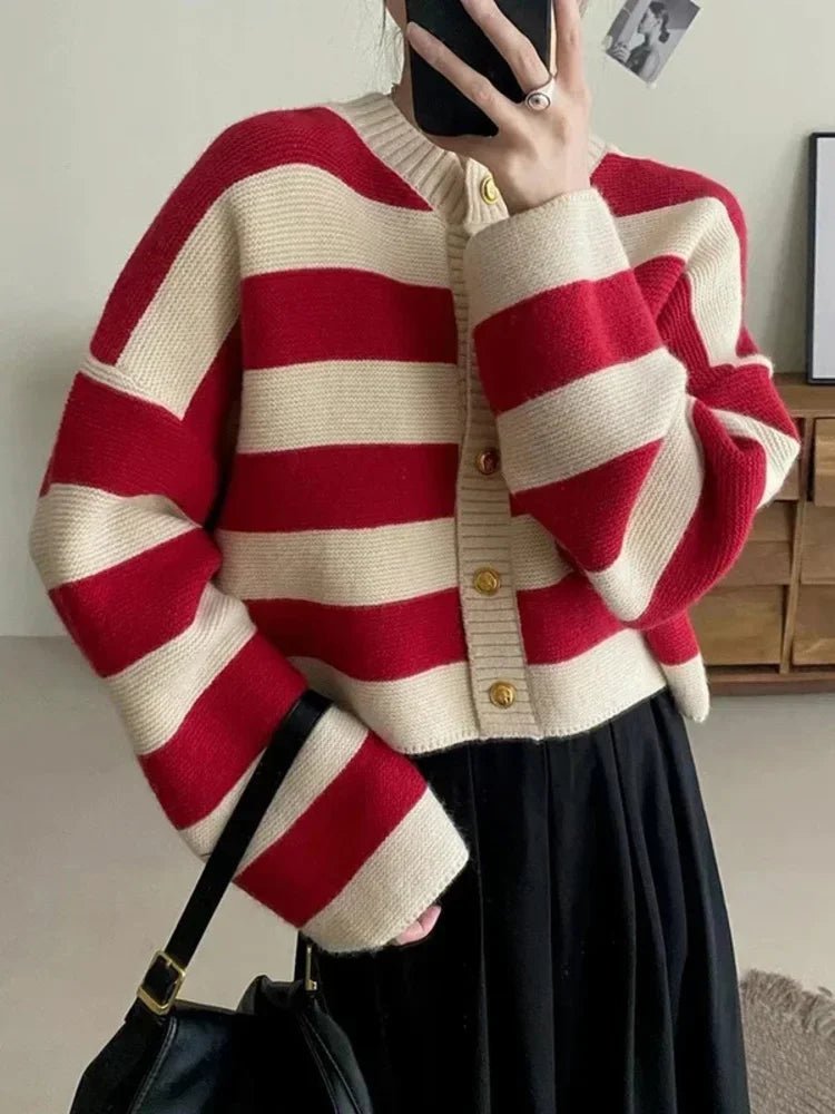 SaneShoppe-Korean Striped Sweater Cardigan Women's Fashion Autumn Winter Casual Tops