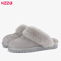 SaneShoppe - KZZO Fashion Natural Sheepskin Leather Slippers For Men Winter Warm Indoor Fur Slippers Soft Wool Lady Home Shoes Non - slip
