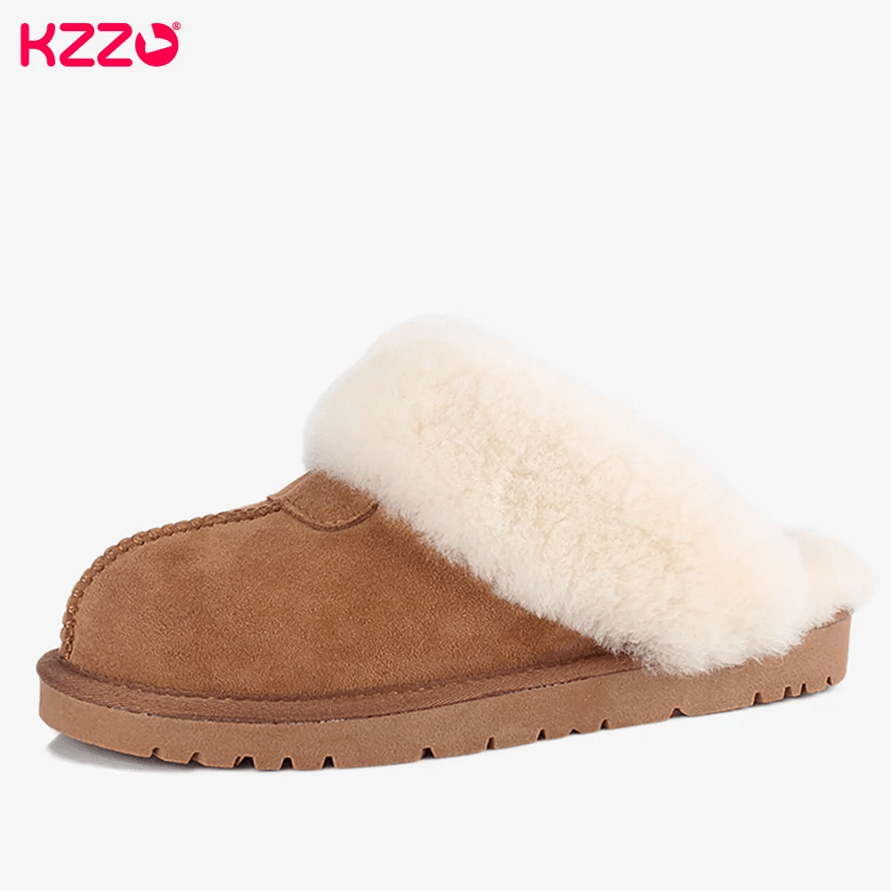 SaneShoppe - KZZO Fashion Natural Sheepskin Leather Slippers For Men Winter Warm Indoor Fur Slippers Soft Wool Lady Home Shoes Non - slip