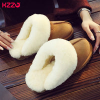 SaneShoppe - KZZO Fashion Natural Sheepskin Leather Slippers For Men Winter Warm Indoor Fur Slippers Soft Wool Lady Home Shoes Non - slip