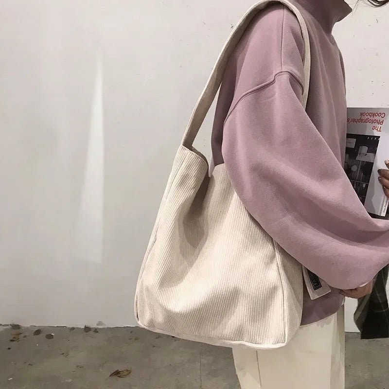SaneShoppe - Large Corduroy Shoulder Shopper Bag for Women Cotton Cloth Fashion Canvas Tote Shopping Bags Woman Handbags Reusable Travel Bags