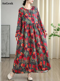 SaneShoppe - Long Sleeve Cotton Floral Vintage Long Dresses For Women 2025 Spring Autumn New Casual Loose Elegant Dress Femme Robe Clothing