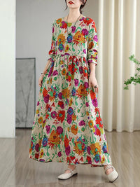 SaneShoppe - Long Sleeve Cotton Floral Vintage Long Dresses For Women 2025 Spring Autumn New Casual Loose Elegant Dress Femme Robe Clothing