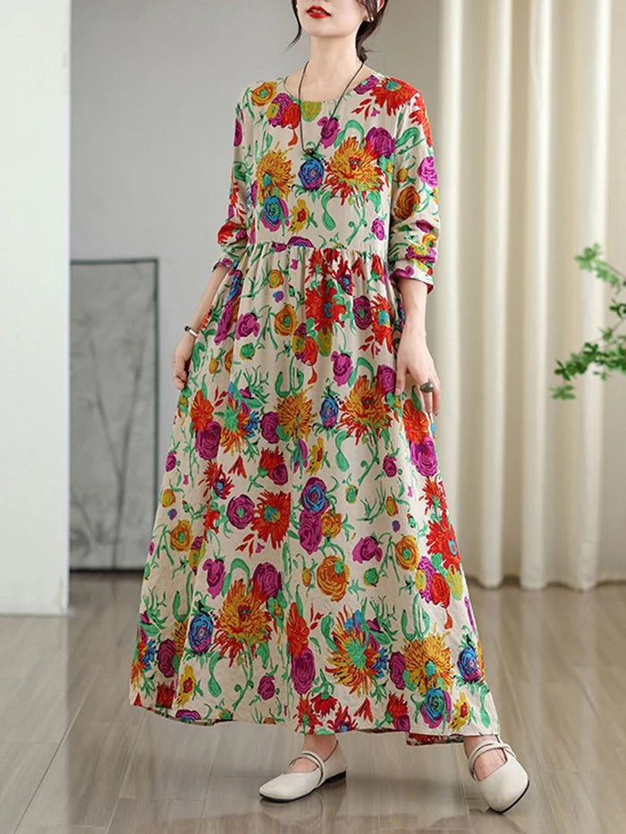 SaneShoppe - Long Sleeve Cotton Floral Vintage Long Dresses For Women 2025 Spring Autumn New Casual Loose Elegant Dress Femme Robe Clothing