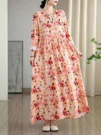SaneShoppe - Long Sleeve Cotton Floral Vintage Long Dresses For Women 2025 Spring Autumn New Casual Loose Elegant Dress Femme Robe Clothing