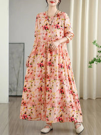 SaneShoppe - Long Sleeve Cotton Floral Vintage Long Dresses For Women 2025 Spring Autumn New Casual Loose Elegant Dress Femme Robe Clothing