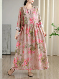 SaneShoppe - Long Sleeve Cotton Floral Vintage Long Dresses For Women 2025 Spring Autumn New Casual Loose Elegant Dress Femme Robe Clothing