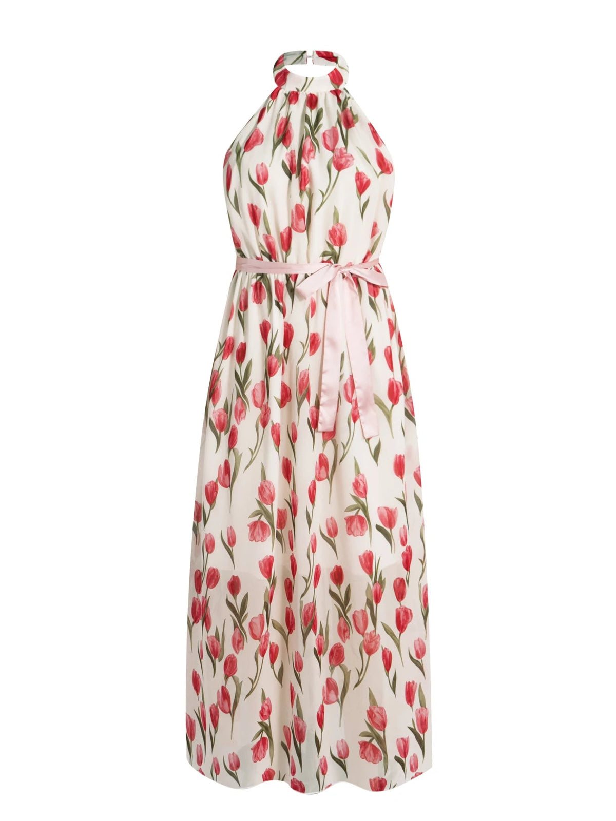 SaneShoppe-Women's Halter Neck Tulip Print Maxi Dress - Romantic Vacation Style