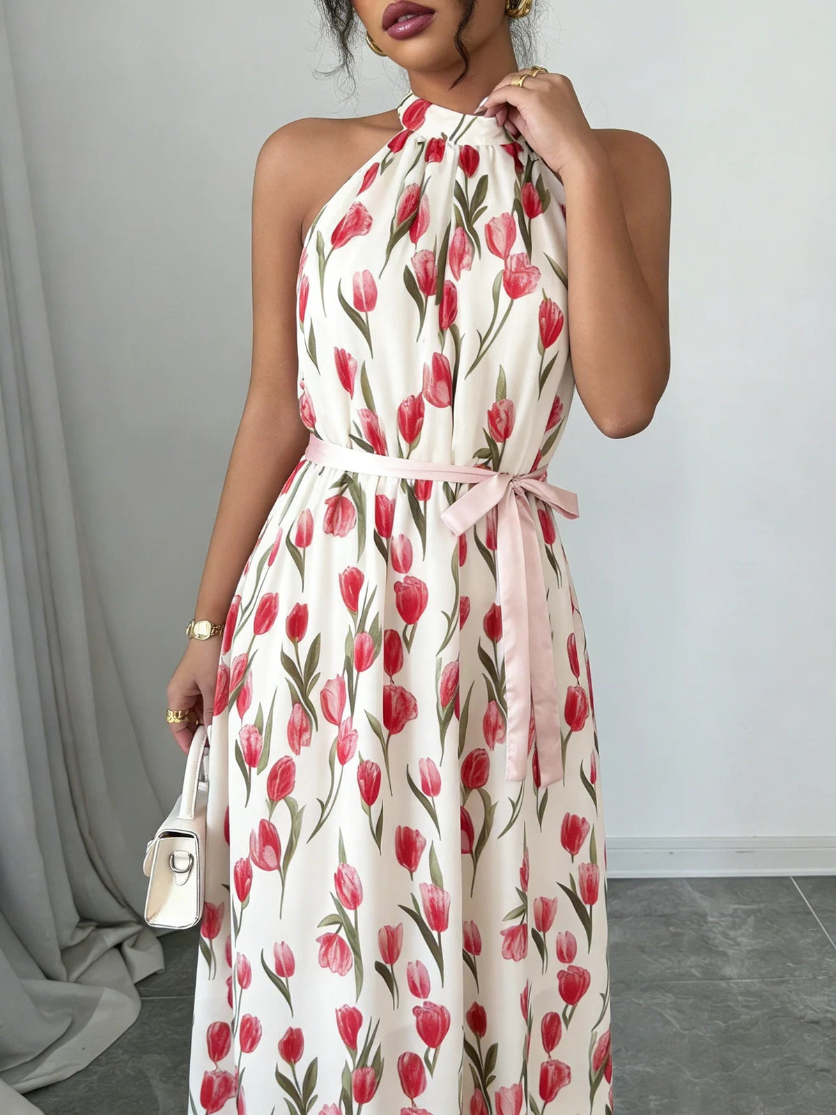SaneShoppe-Women's Halter Neck Tulip Print Maxi Dress - Romantic Vacation Style