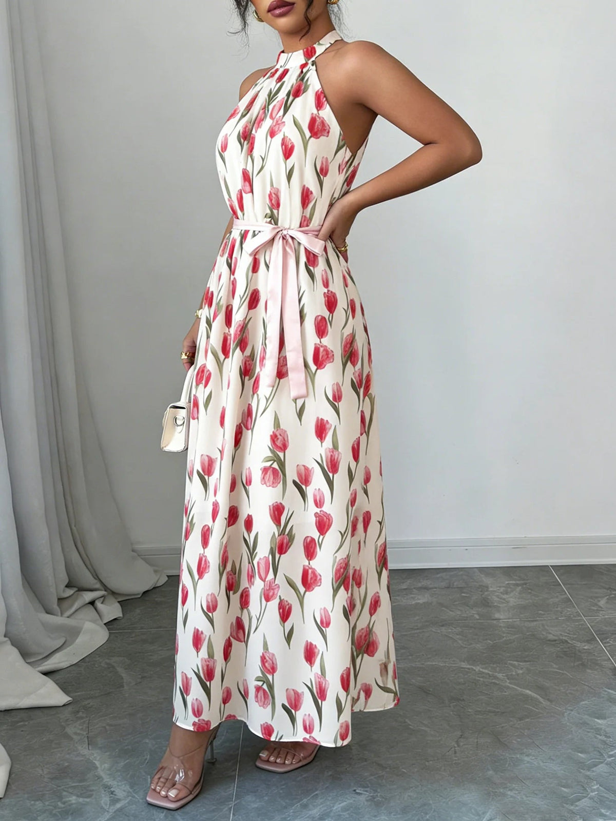 SaneShoppe-Women's Halter Neck Tulip Print Maxi Dress - Romantic Vacation Style