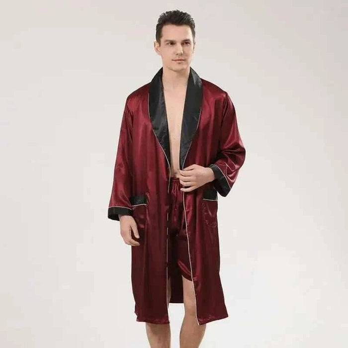 Men Satin Robe Set Long Sleeve 2pcs Robe & Shorts Sleep Set Silky Set